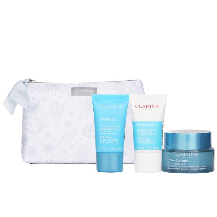 Clarins Hydration Collection: Hydra-Essentiel Silky Cream 50ml+ Fresh Scrub 15ml+ SOS Hydra Mask 15ml+ Pouch 3pcs+1pouchProduct Thumbnail