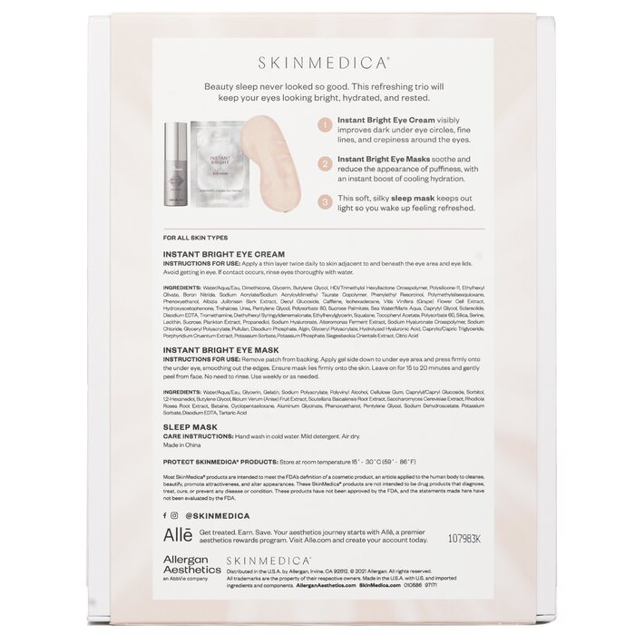 Skin Medica Instant Bright Eye Essentials Set: Instant Bright Eye Cream 14.2g + Instant Bright Eye Masks 6x2.34g + Sleep Mask 1pc 3pcProduct Thumbnail