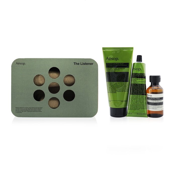 Aesop The Listener: Geranium Leaf Body Cleanser 100ml+ Geranium Leaf Body Scrub 180ml+ Geranium Leaf Body Balm 100ml 3pcsProduct Thumbnail