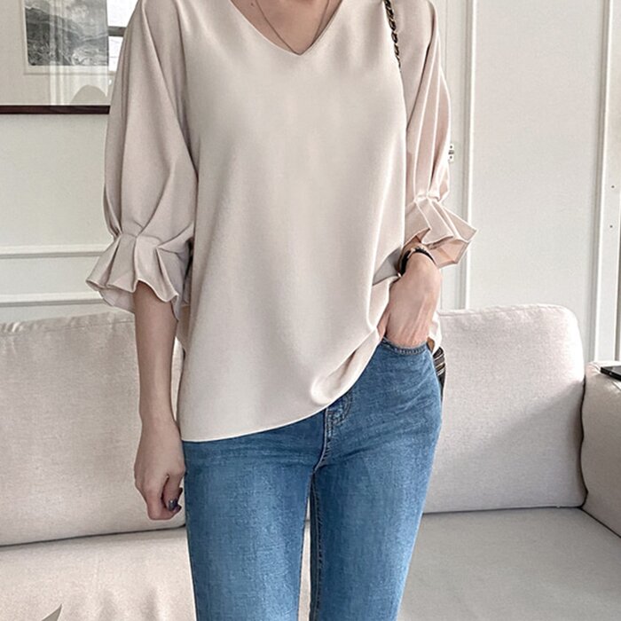 Trendywhere V-Neck Loose Fit Ruffle Blouse Free (XS-L)Product Thumbnail