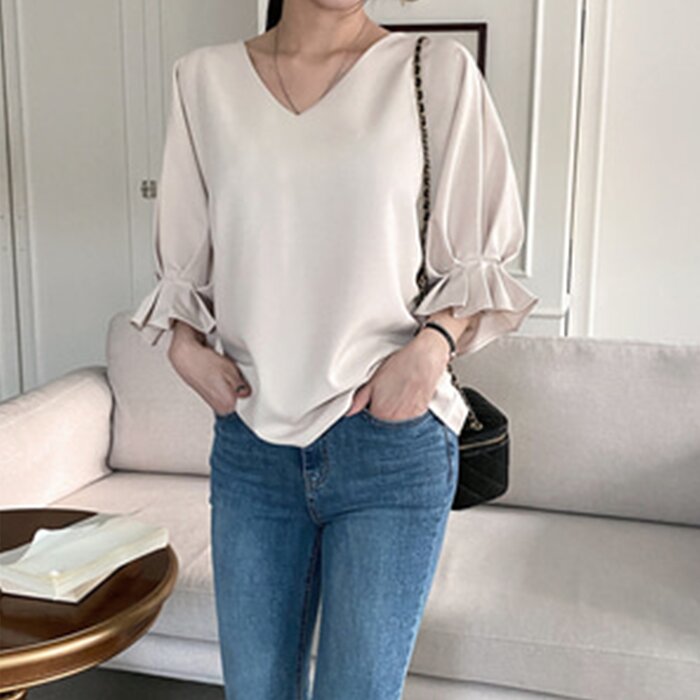 Trendywhere V-Neck Loose Fit Ruffle Blouse Free (XS-L)Product Thumbnail