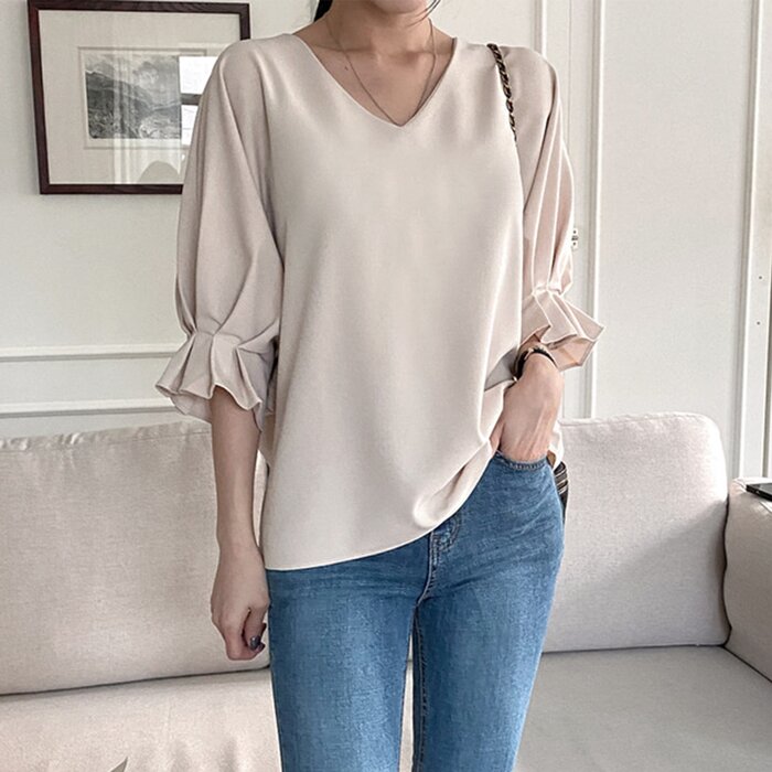 Trendywhere V-Neck Loose Fit Ruffle Blouse Free (XS-L)Product Thumbnail