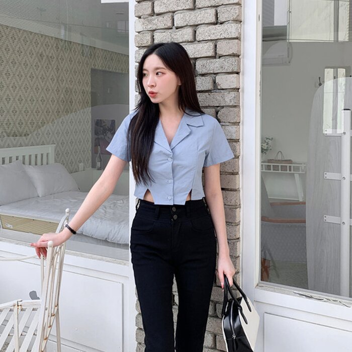 Trendywhere Split Front Collar Crop Shirt Free (XS-M)Product Thumbnail