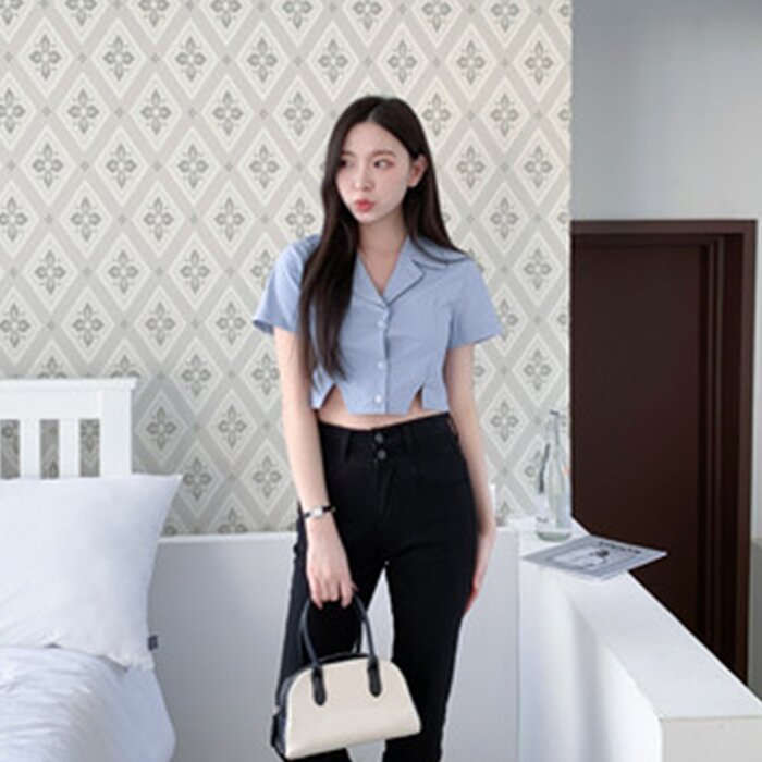 Trendywhere Split Front Collar Crop Shirt Free (XS-M)Product Thumbnail