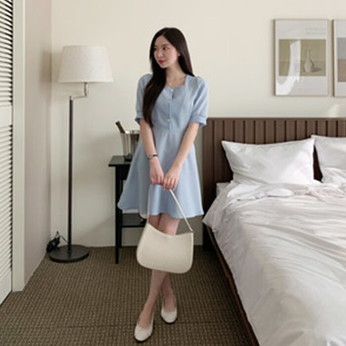 Trendywhere Square Neck Puff Sleeve Button Front Dress Free (XS-M)Product Thumbnail