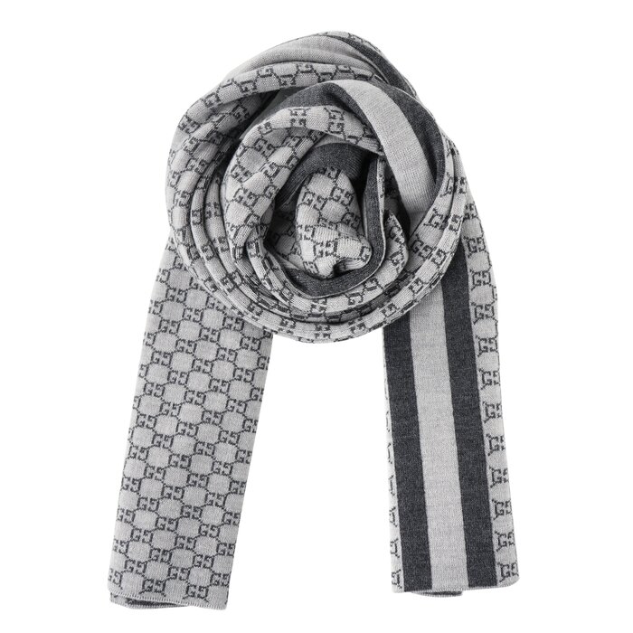 Gucci Wool Web Stripe GG Guccissima Scarf 438253 GreyProduct Thumbnail
