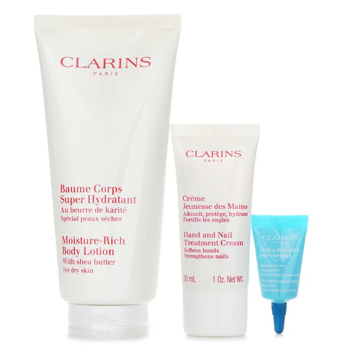 Clarins Perfect Hydration Body Set: Super Hydrating Body Balm 200ml+Youthful Hand Cream 30ml+Hydra Essentiel Reparing Lip Balm 3ml 3pcsProduct Thumbnail