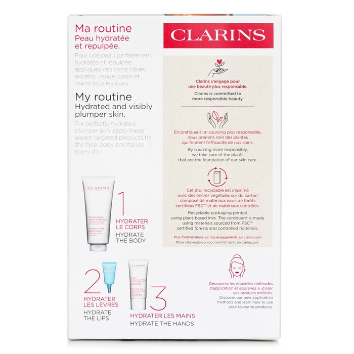 Clarins Perfect Hydration Body Set: Super Hydrating Body Balm 200ml+Youthful Hand Cream 30ml+Hydra Essentiel Reparing Lip Balm 3ml 3pcsProduct Thumbnail