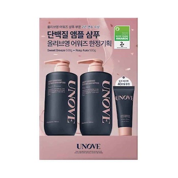 UNOVE Deep Damage Repair Shampoo Gift Set (Rosy Aura 500g+ Sweet Breeze 500g)+Treatment 40ml 500ml x2