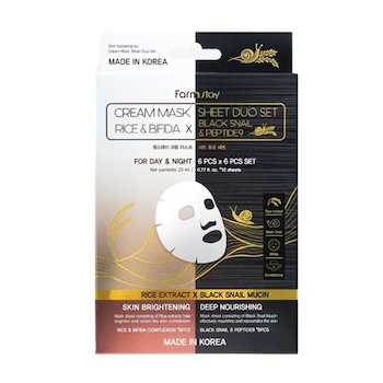 Farm Stay Cream Mask Sheet Duo Set (Rice & BIfda Black Snail & Peptide) 12 pcs