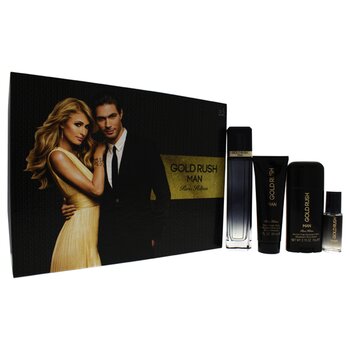 Paris Hilton Gold Rush Man by Paris Hilton for Men - 4 Pc Gift Set 3.4oz EDT Spray, 0.5oz EDT Spray, 3.0oz Hair Body Wash, 2.75oz Alc 4 Pc Gift Set