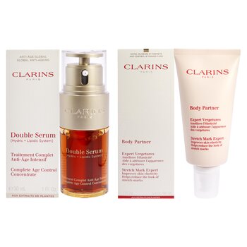 Clarins Double Serum Complete Age Control Concentrate and Body Partner Stretch Mark Expert Kit by Clarins for Unisex - 2 Pc Kit 2 Pc Kit