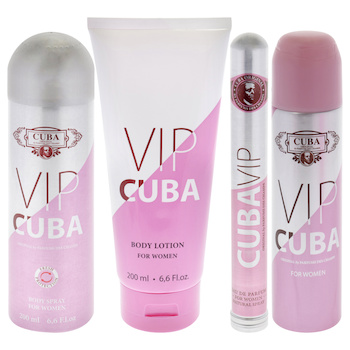 Cuba Cuba Vip by Cuba for Women 4 Pc Gift Set 3.3oz EDP Spray, 1.17oz EDP Spray, 6.6oz Body Spray, 6.6oz Body Lotion 4 Pc Gift Set