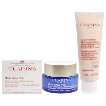 Clarins MultiActive Night Cream Normal to Dry Skin and Soothing Gentle Foaming Cleanser Kit by Clarins for Unisex 2 Pc Kit 1.7 2 Pc Kit
