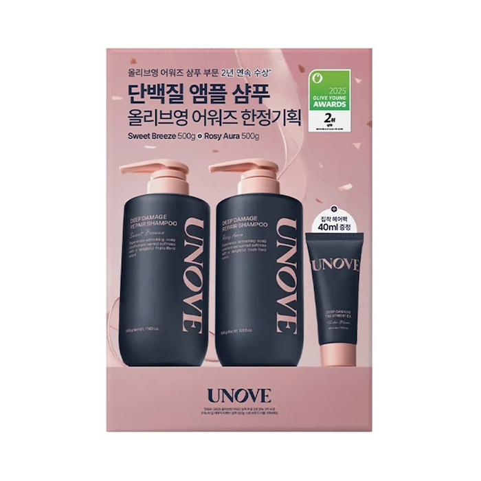 UNOVE Deep Damage Repair Shampoo Gift Set (Rosy Aura 500g+ Sweet Breeze 500g)+Treatment 40ml 500ml x2Product Thumbnail