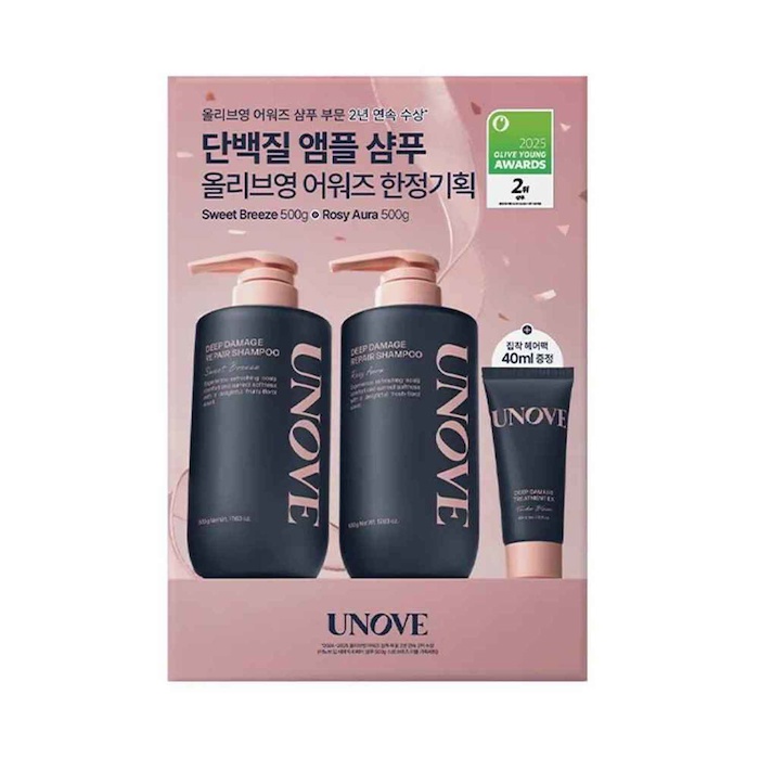 UNOVE Deep Damage Repair Shampoo Gift Set (Rosy Aura 500g+ Sweet Breeze 500g)+Treatment 40ml 500ml x2Product Thumbnail