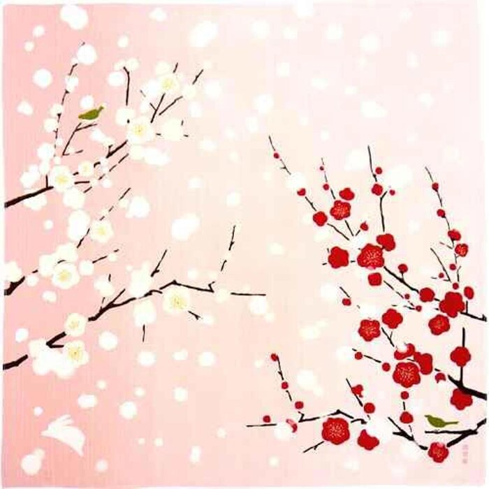 TAKTAK KITCHEN Made in Japan Cotton Red and White Plum Blossom Peony Snow Cat Dog Pet Scarf Furoshiki Fixed SizeProduct Thumbnail