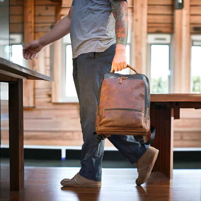 Leatheraft ELISEO Business Leather RFID Dual Zipped Backpack(Navy) 13.25&quot;x16&quot;x4.5&quot;Product Thumbnail