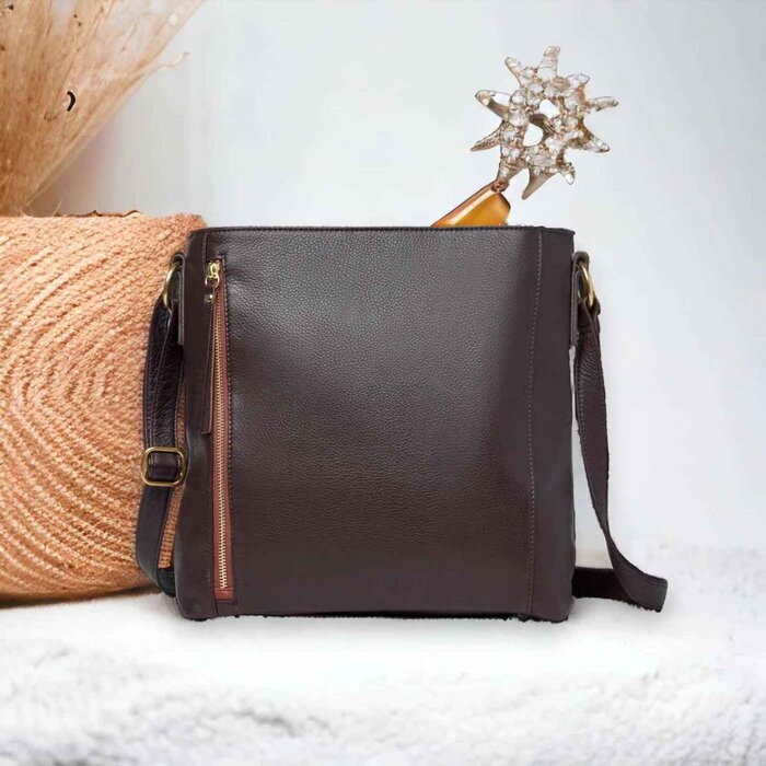 Leatheraft JOSIE Business Cowhide Leather Straight Zipped Crossbody Hobe Bag(brown) 11.75&quot;x11.25&quot;x3Product Thumbnail