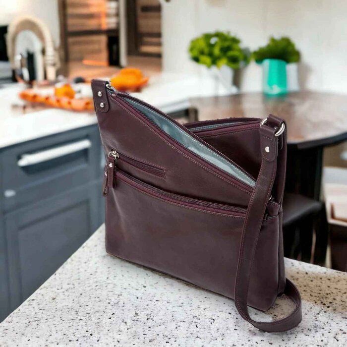 Leatheraft VAANYA Cowhide Leather Zipped Crossbody Bag(RAISIN) 13&quot;x9.5&quot;x3&quot;Product Thumbnail