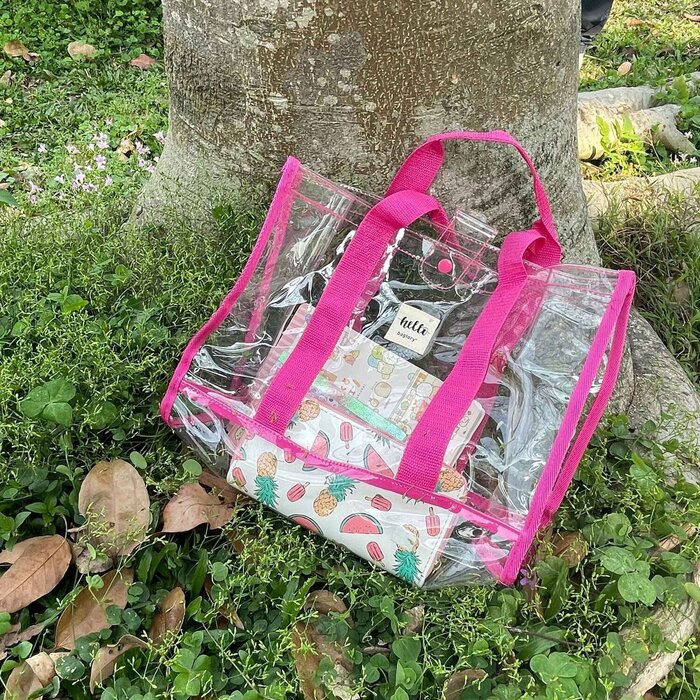 bagtory Hello Toteby – Rose Red Webbing Transparent PVC Handbag | Clutch | Colorless Clear Body Fixed SizeProduct Thumbnail