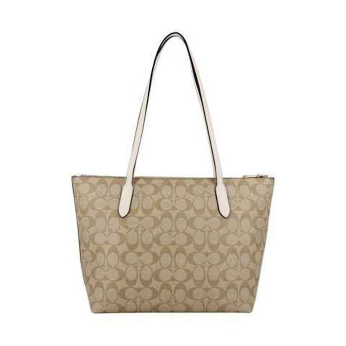 Coach 蔻馳 COACH 奧萊款中號女士PVC配皮單肩手提托特包 4455IMDQC 淺卡其配白色 Picture ColorProduct Thumbnail