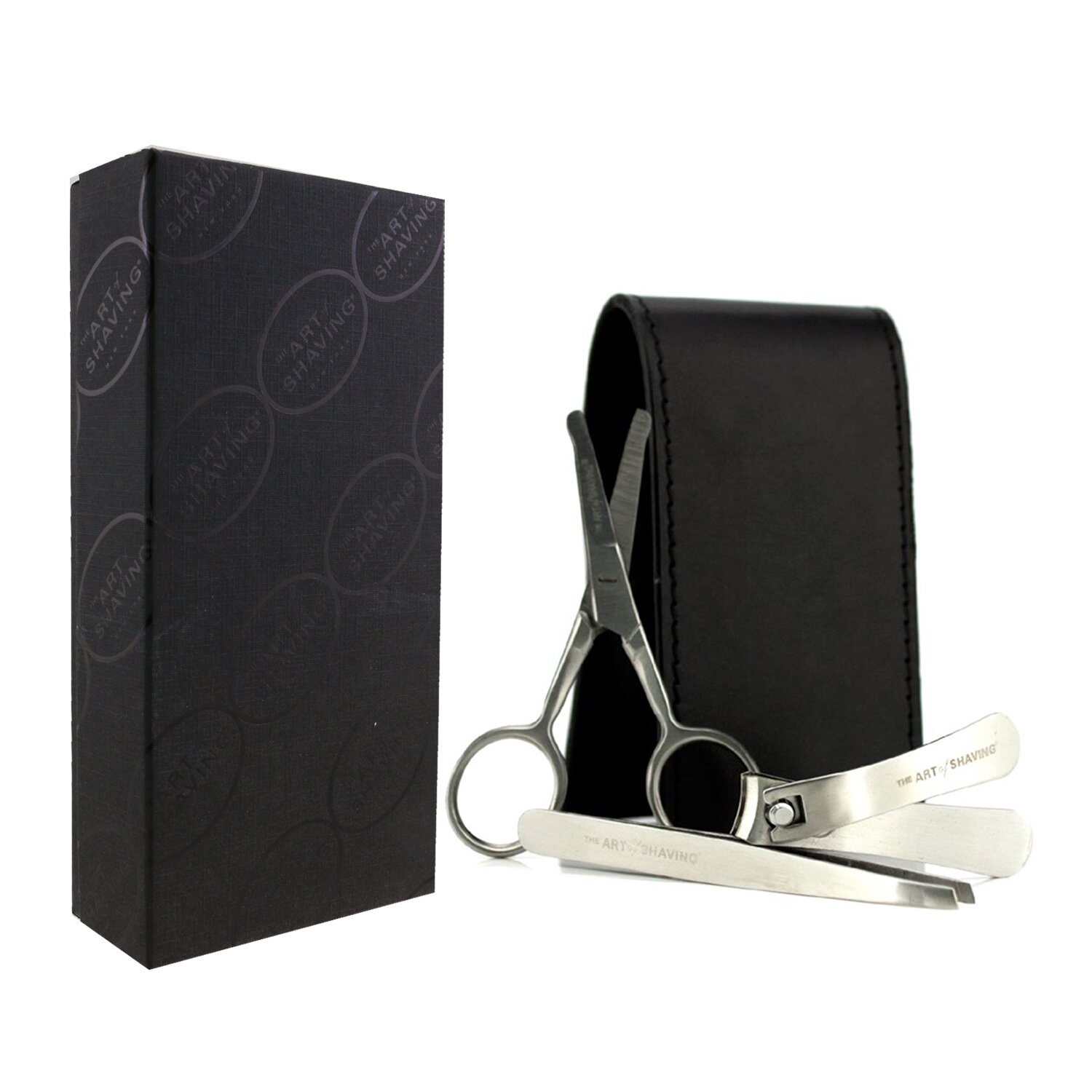 The Art Of Shaving Manicure Set: Nail Clipper + Nose Hair Scissors + Tweezers + Black Leather Pouch 3pcs
