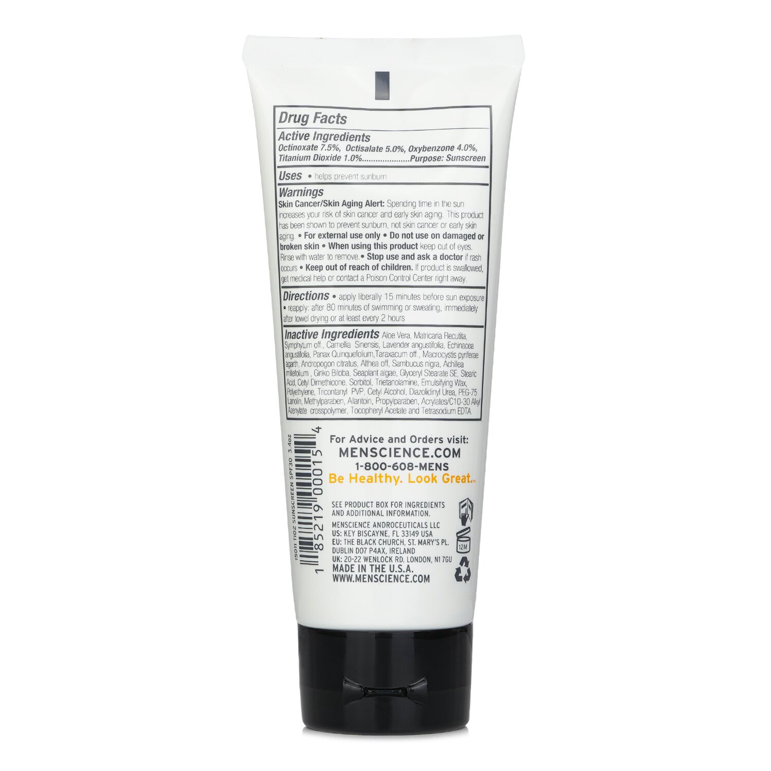 Menscience TiO2 Sun Block SPF 30 Waterproof 100ml/3.4oz