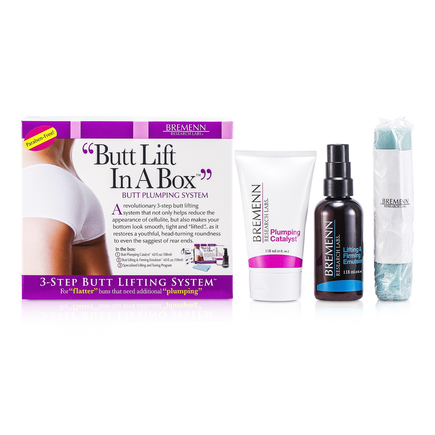 Bremenn Research Labs Butt Lift In A Box: 1x Cremă de Volum pentru Fese 118ml/4oz + Emulsie Tonifiere și Fermitate pentru Fese 118ml/4oz + Bandă Exerciții 1pc 3pcs