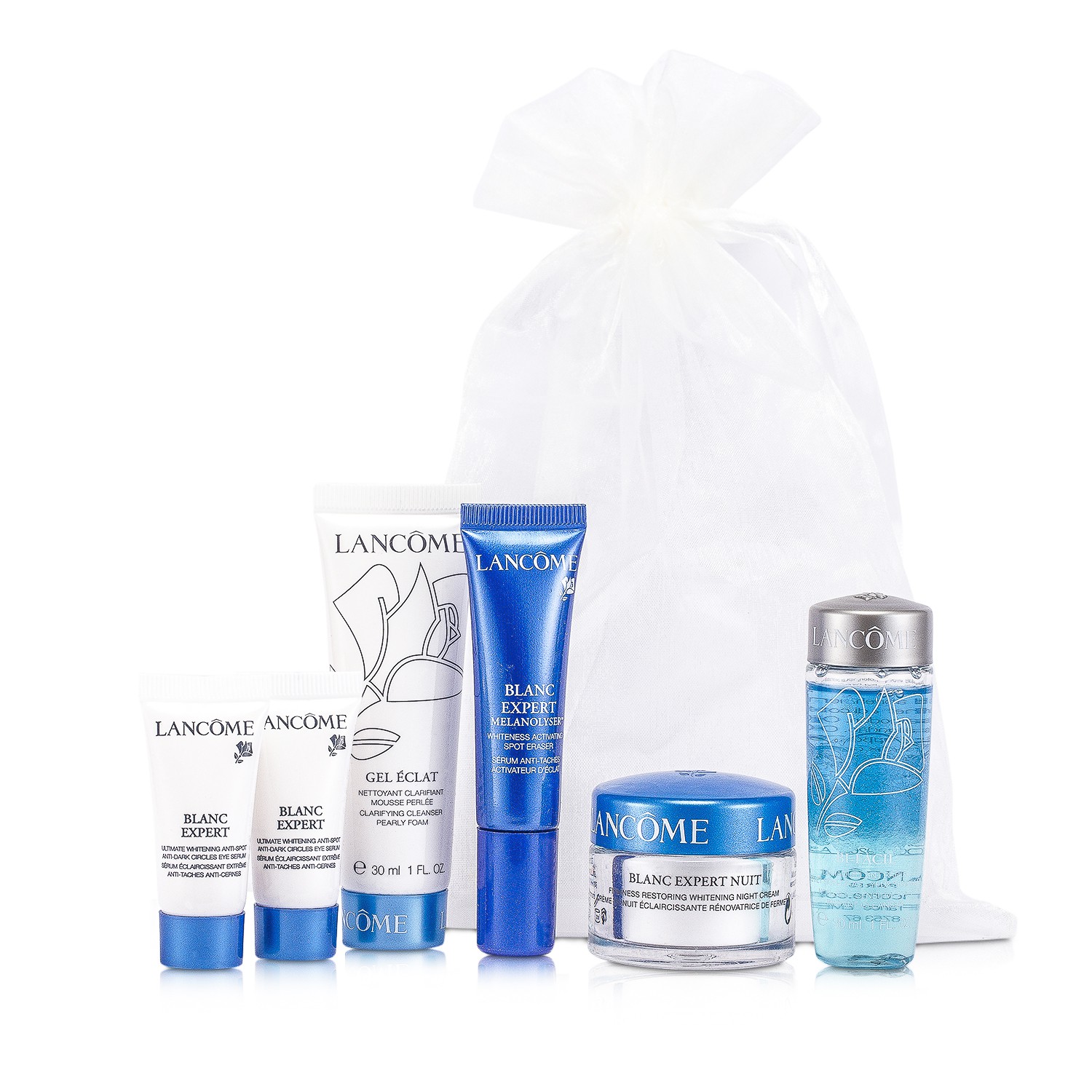 Lancome Blanc Expert Travel Set: Bi-Facil + Gel Eclat + Spot Eraser + 2x Eye Serum + Night Cream 6pcs