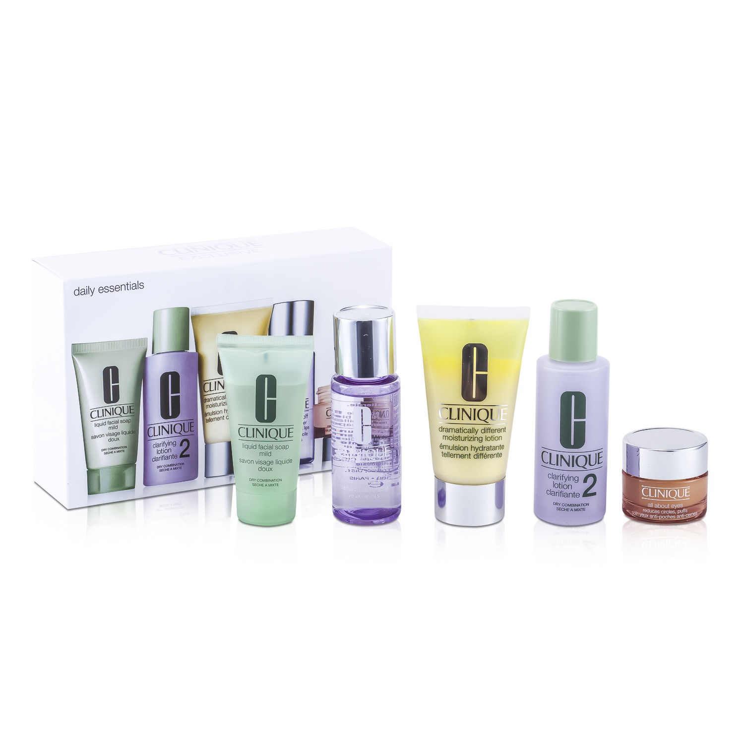 Clinique Daily Essentials Set ( עור יבש-מעורב ): תחליב ניקוי 2 + מסיר איפור + DDמ&quot;ל + סבון פנים + Eyes 78C0 5pcs