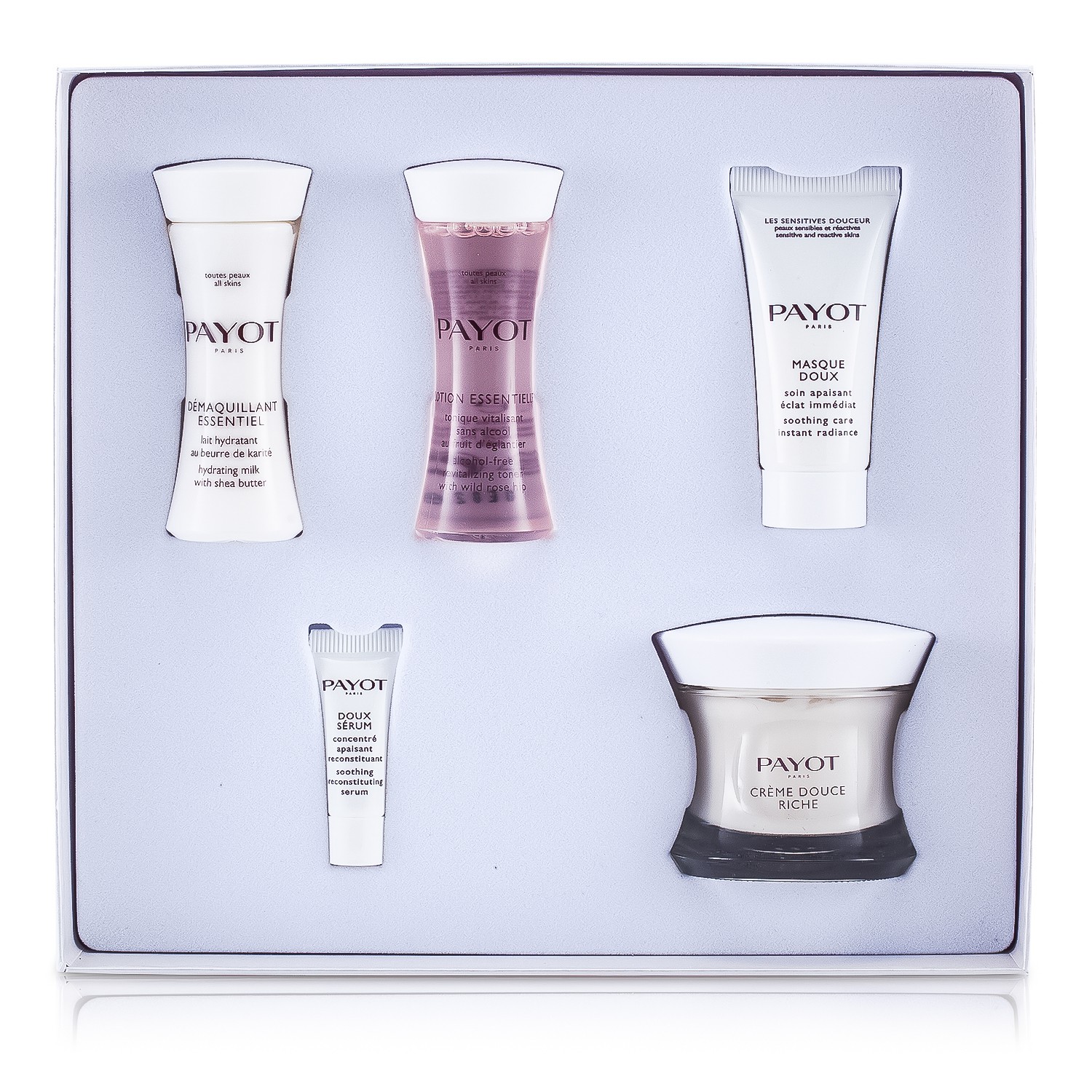 Payot Les Sensitives Creme Douce Riche Set: Cream 50ml + Cleanser 30ml + Lotion 30ml + Masque 15ml + Serum 5pcs