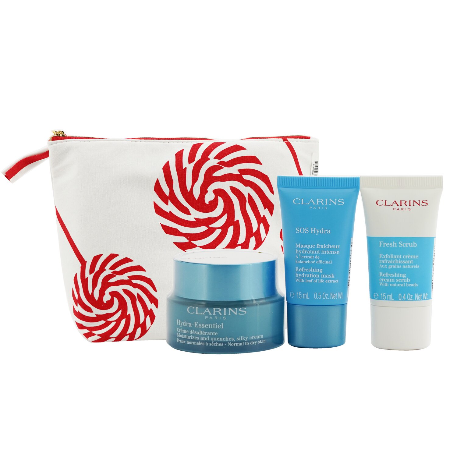 Clarins Hydration Essentials Gift Set: Hydra-Essentiel Silky Cream 50ml+ Fresh Scrub 15ml+ SOS Hydra Mask 15ml+ Pouch (Unboxed) 3pcs+1pouch