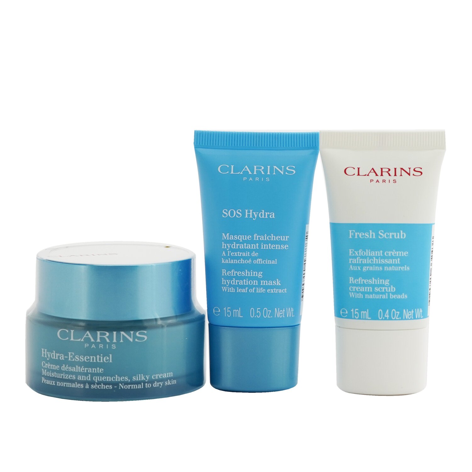 Clarins Hydration Essentials Gift Set: Hydra-Essentiel Silky Cream 50ml+ Fresh Scrub 15ml+ SOS Hydra Mask 15ml+ Pouch (Unboxed) 3pcs+1pouch
