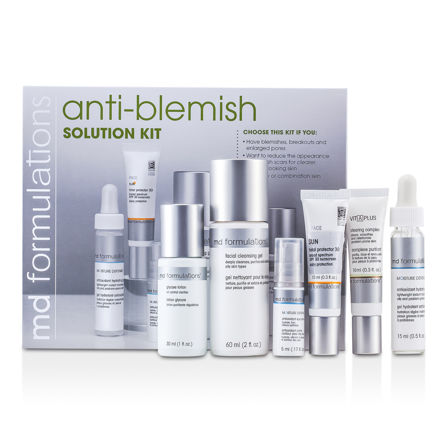 MD Formulations Набор против Угревой Сыпи: Очищающий Гель 60мл + Лосьон 30мл + Увлажняющий Гель 15мл + Очищающий Комплекс 10мл + Защитное Средство 10мл + Крем для Век 5мл 6pcs