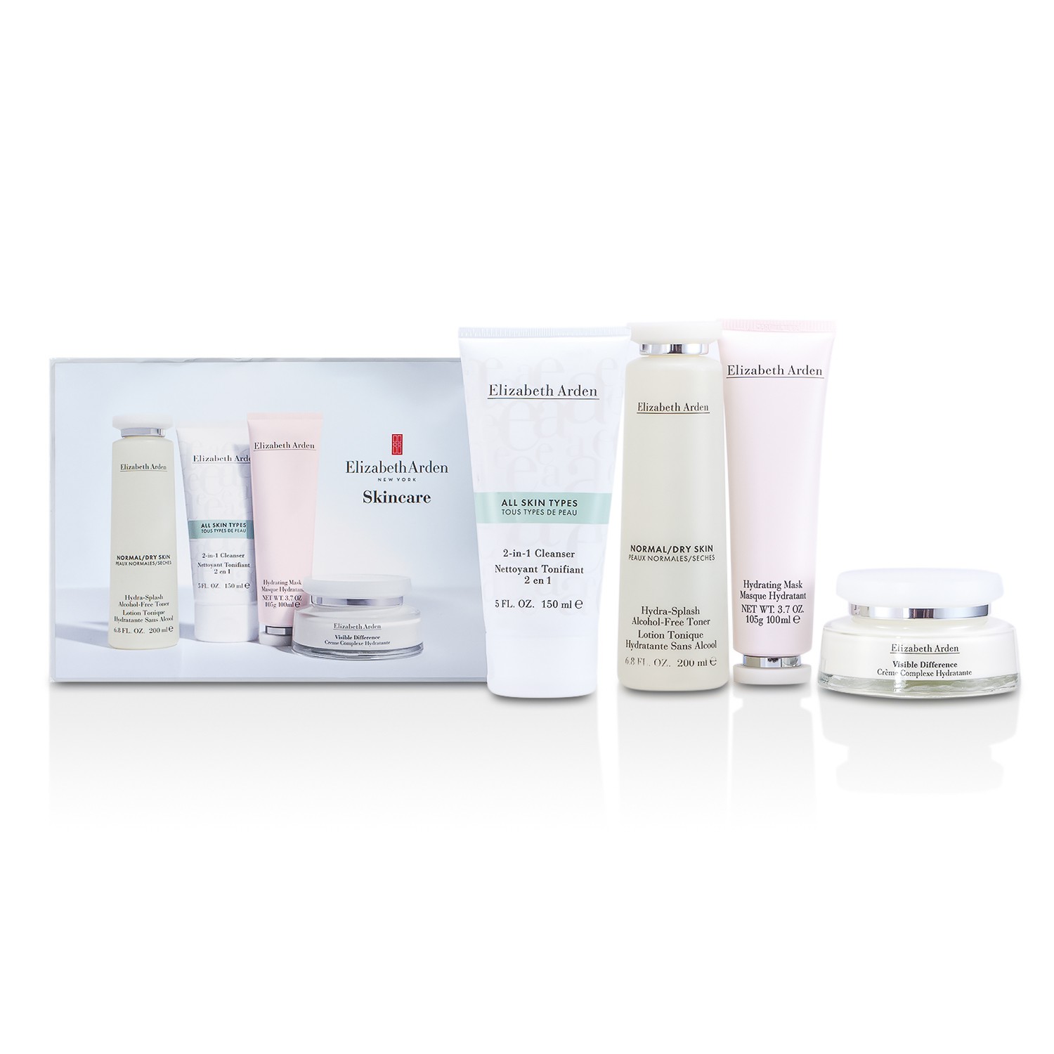 Elizabeth Arden Skincare Set: 2-in-1 Cleanser 150ml + Hydra-Splash Toner 200ml + Refining Moisture Cream 100ml + Hydrating Mask 100ml 4pcs