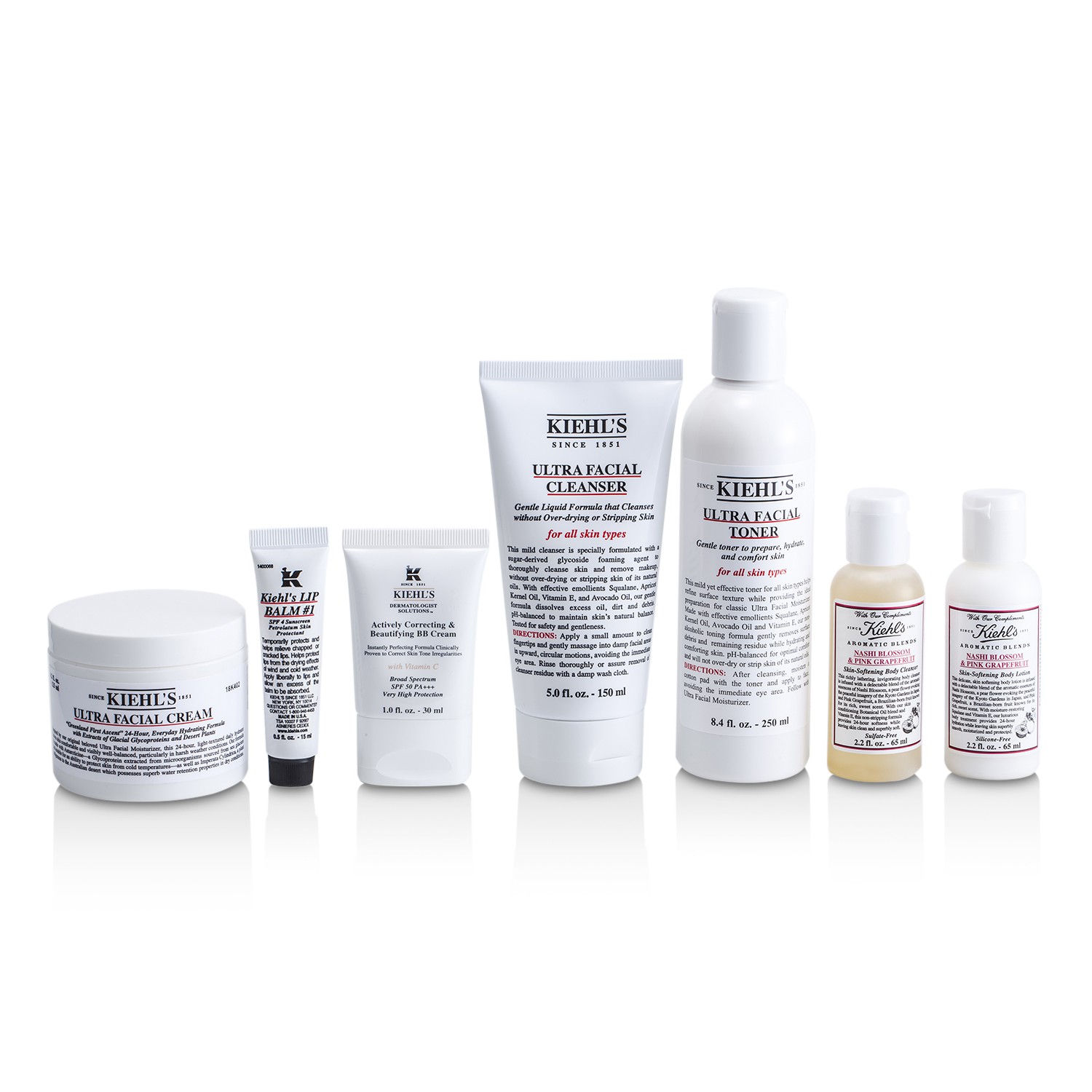 Kiehl's مجموعة روتين العناية بالبشرة: تونر 250مل + منظف 150مل + كريم 125مل + لوشن الجسم ومنظف الجسم 65مل + كريم بي بي 30مل + بلسم الشفاه 15مل + حقيبة 7pcs+1bag