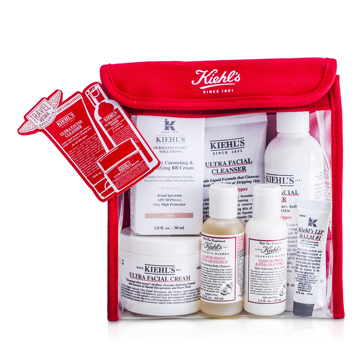 Kiehl's مجموعة روتين العناية بالبشرة: تونر 250مل + منظف 150مل + كريم 125مل + لوشن الجسم ومنظف الجسم 65مل + كريم بي بي 30مل + بلسم الشفاه 15مل + حقيبة 7pcs+1bag