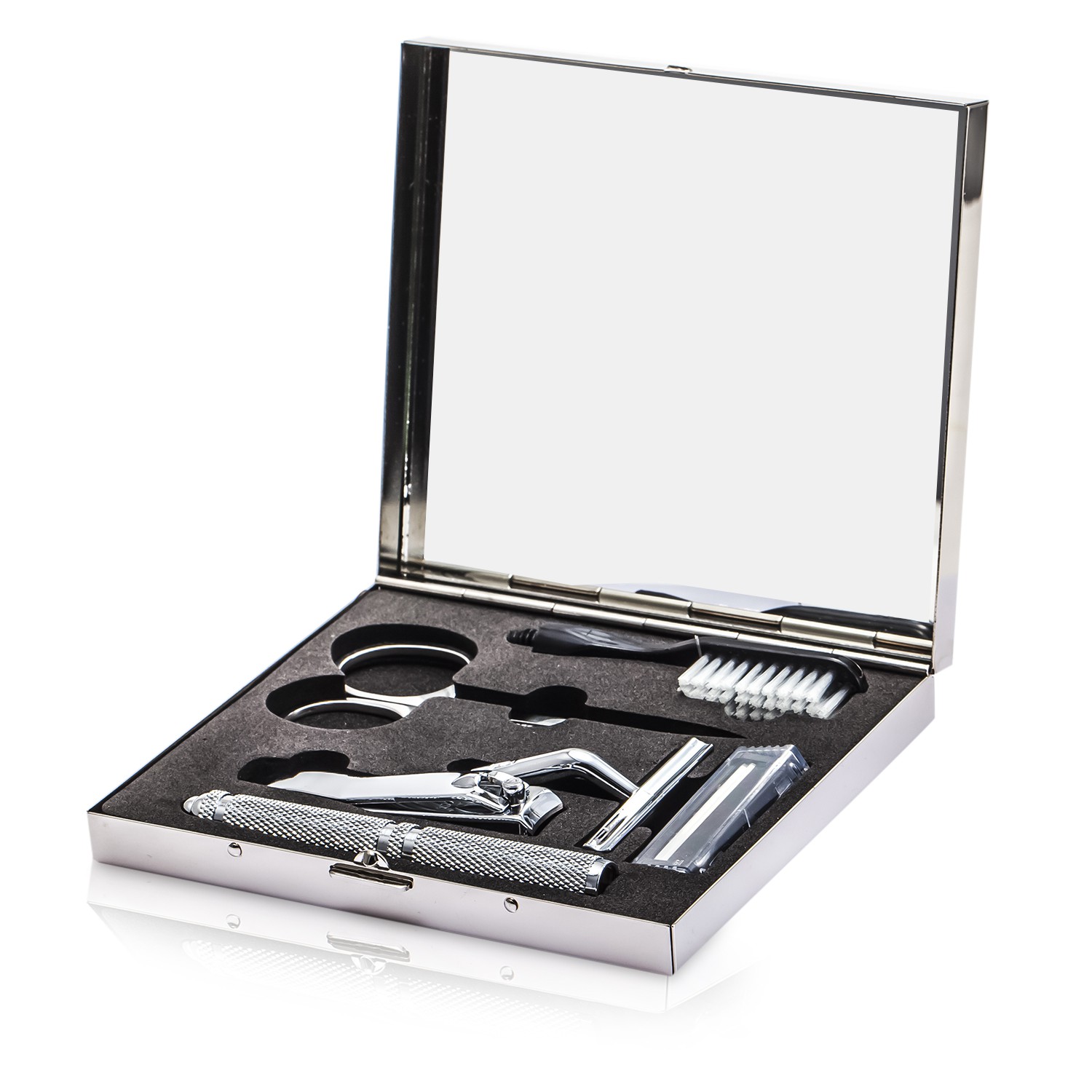 Razor MD ערכת טיפוח 'הגבר המנומס':סכין + מספריים + קוצץ ציפורניים + מברשת + קופסה 4pcs+1box