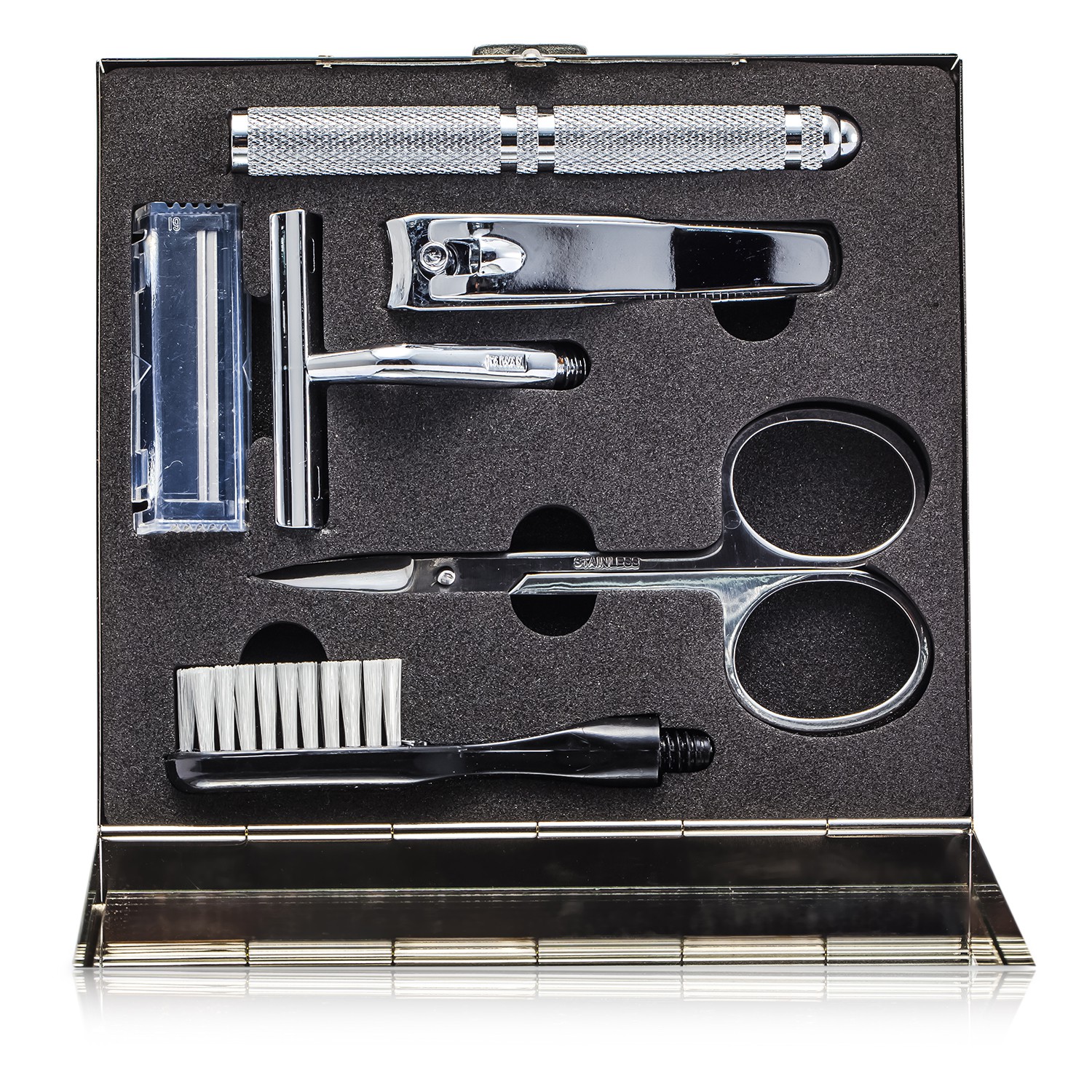 Razor MD ערכת טיפוח 'הגבר המנומס':סכין + מספריים + קוצץ ציפורניים + מברשת + קופסה 4pcs+1box