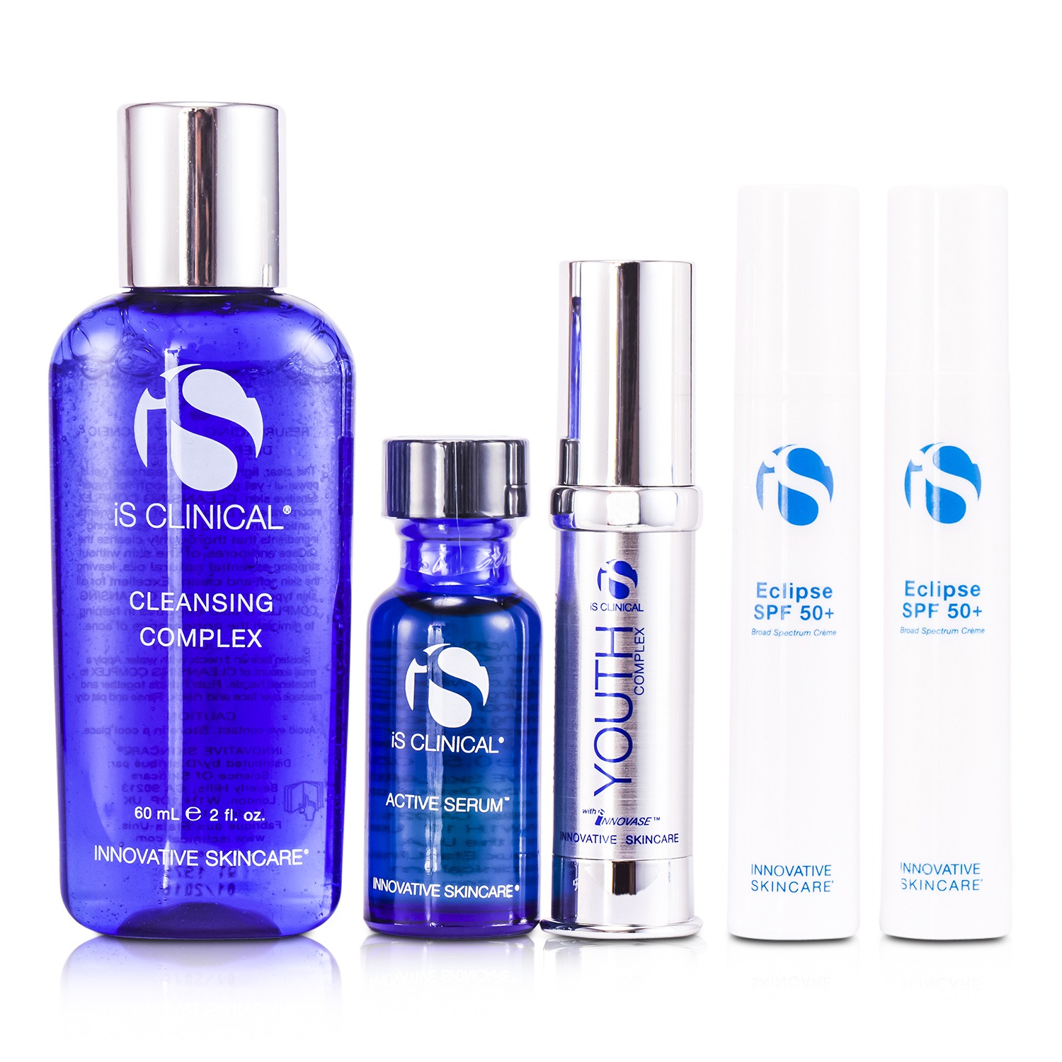 IS Clinical Set de Călătorie Anti-Îmbătrânire: Complex de Curățare + Ser Activ + Complex de Tinerețe + Eclipse SPF 50+ + Gentuță 5pcs+1bag