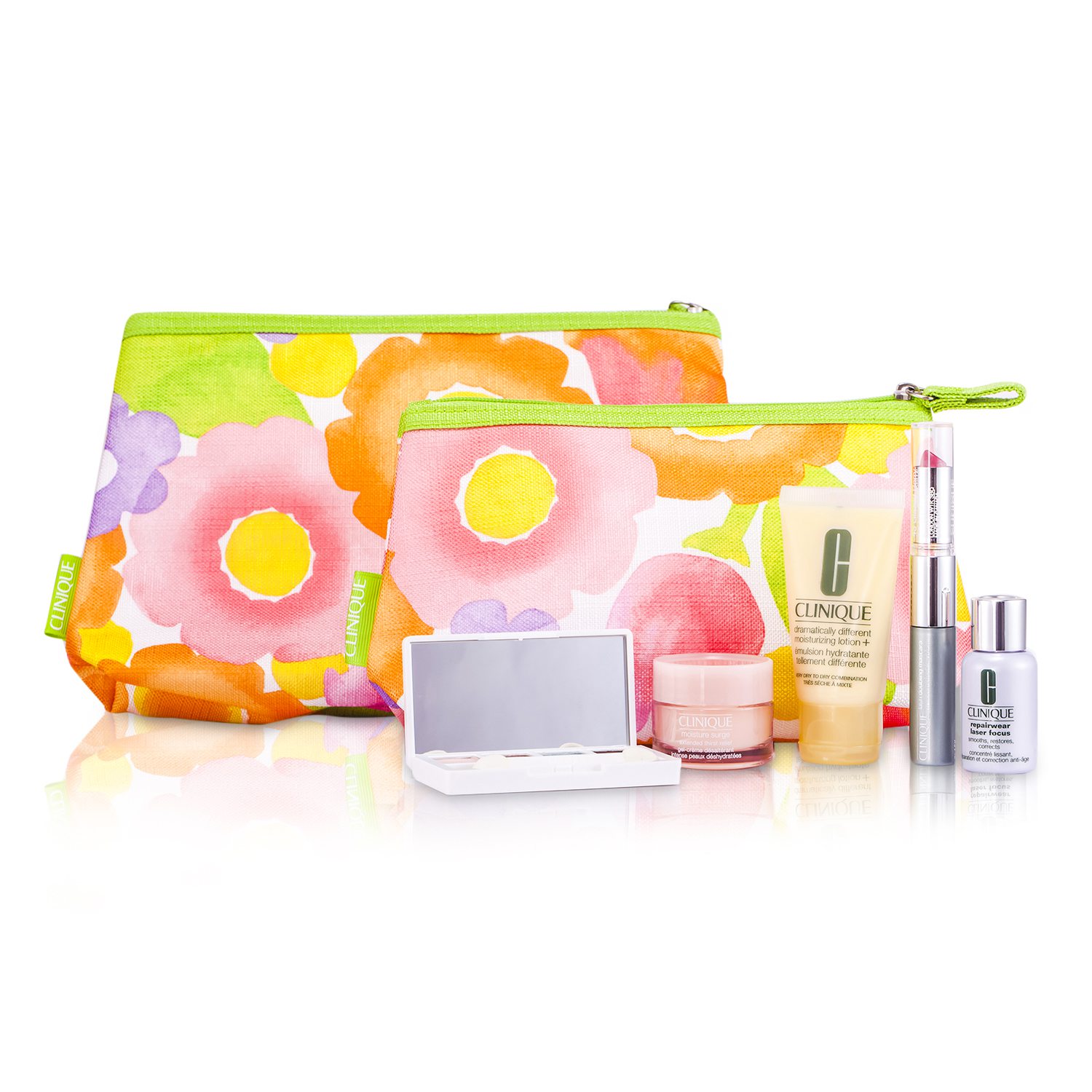 Clinique Travel Set: DDML+ + Moisture Surge + Laser Focus + Eye Shadow Quad #05, 2A, 07 Duo + Mascara & Lipstick #62 + 2xBag 5pcs+2bags