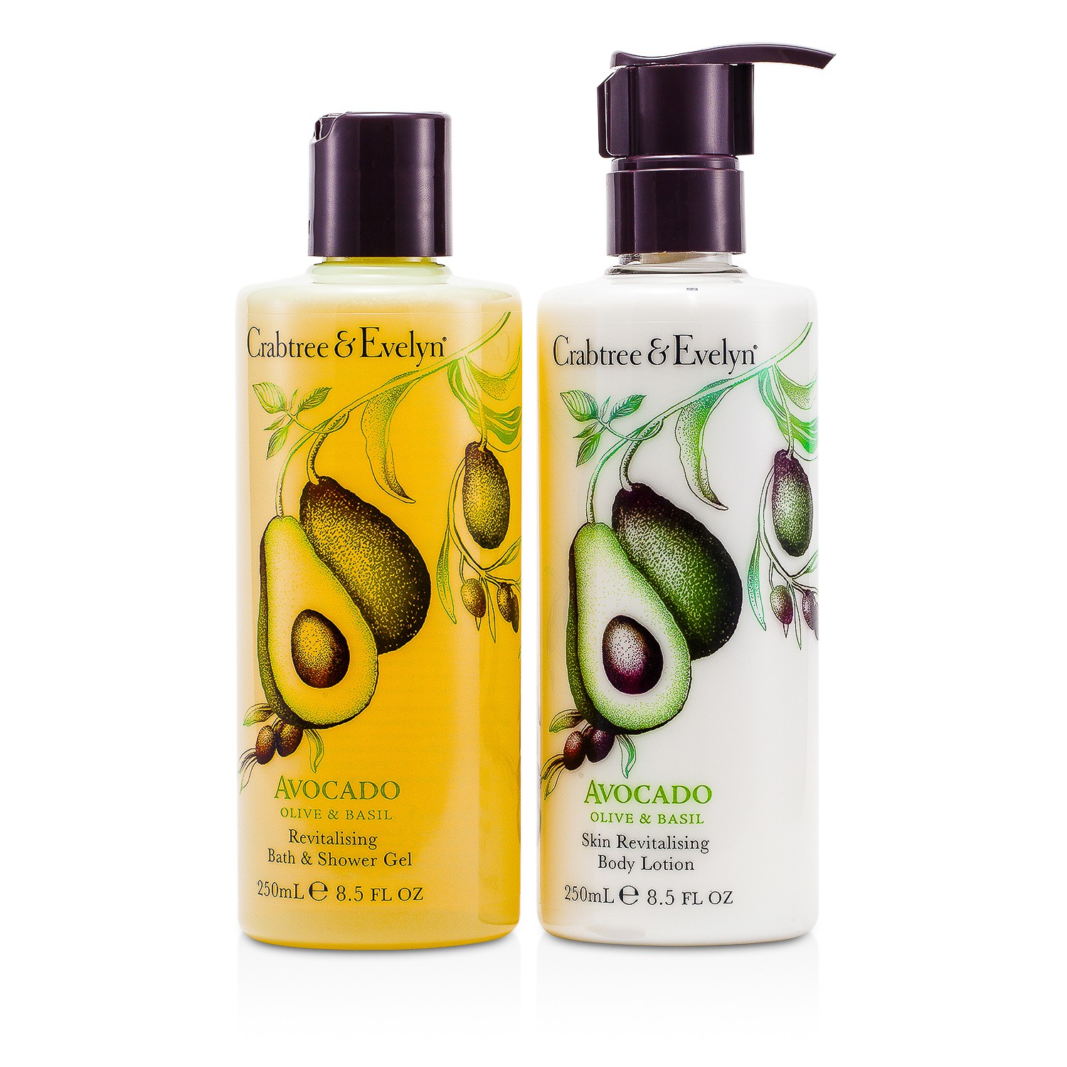 Crabtree & Evelyn Avocado, Olive & Basil Perfect Pair: Bath & Shower Gel 250ml + Body Lotion 250ml 2pcs