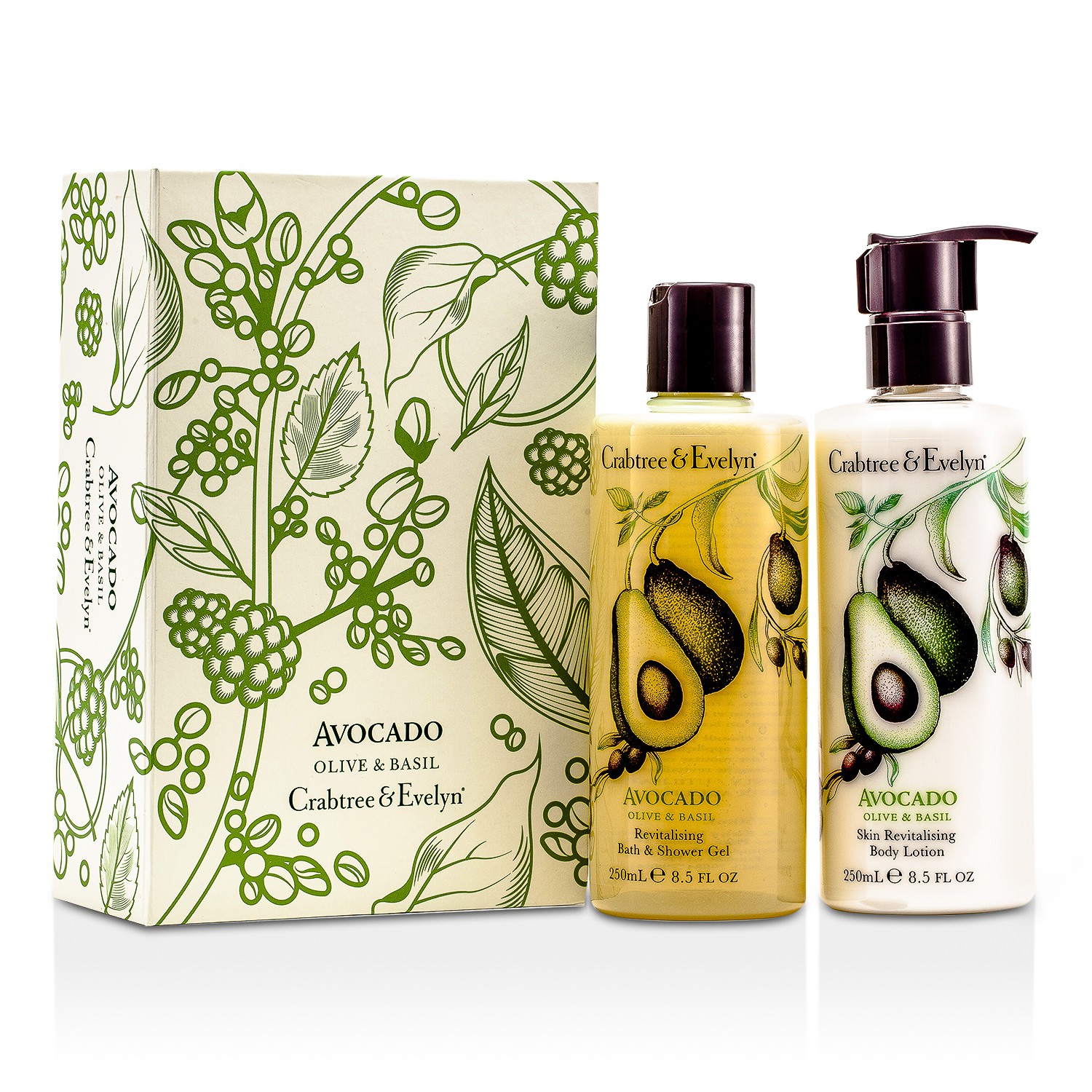 Crabtree & Evelyn Avocado, Olive & Basil Perfect Pair: Bath & Shower Gel 250ml + Body Lotion 250ml 2pcs