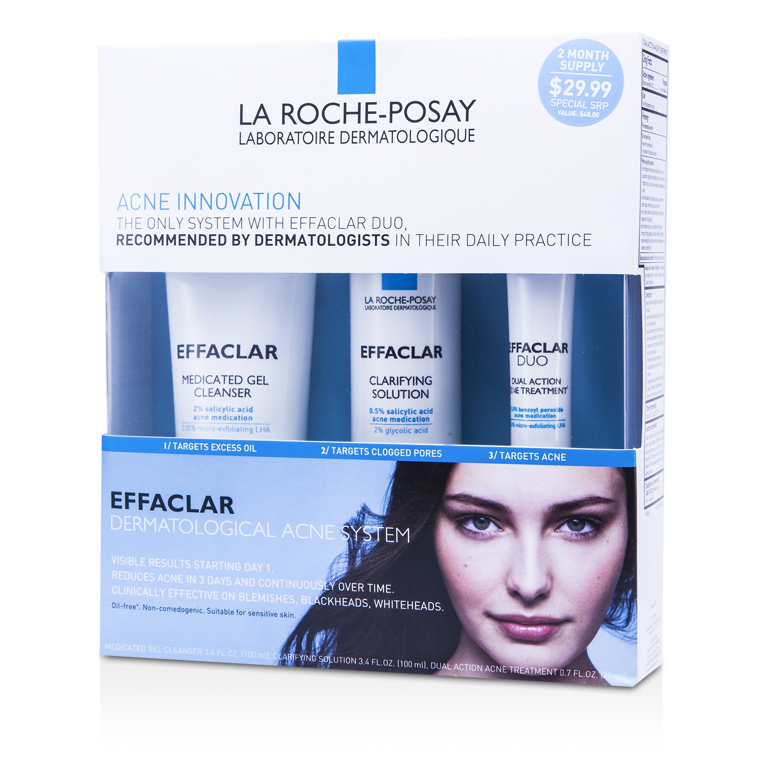 La Roche Posay Effaclar Dermatological Acne System: Gel Cleanser 100ml + Clarifying Solution 100ml + Acne Treament 20ml 3pcs