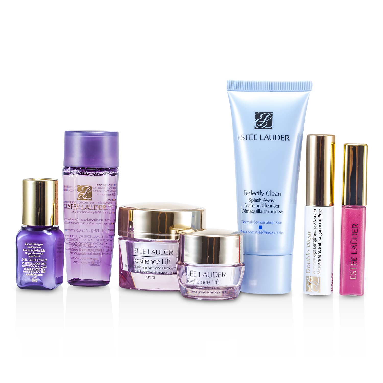 Estee Lauder Дорожный Набор: Очищающее Средство 30мл + Optimizer 30мл + Крем для Шеи 15мл + Сыворотка 7мл + Крем для Век 5мл + Тушь #01 + Блеск для Губ #26 + Сумка 7pcs+1bag