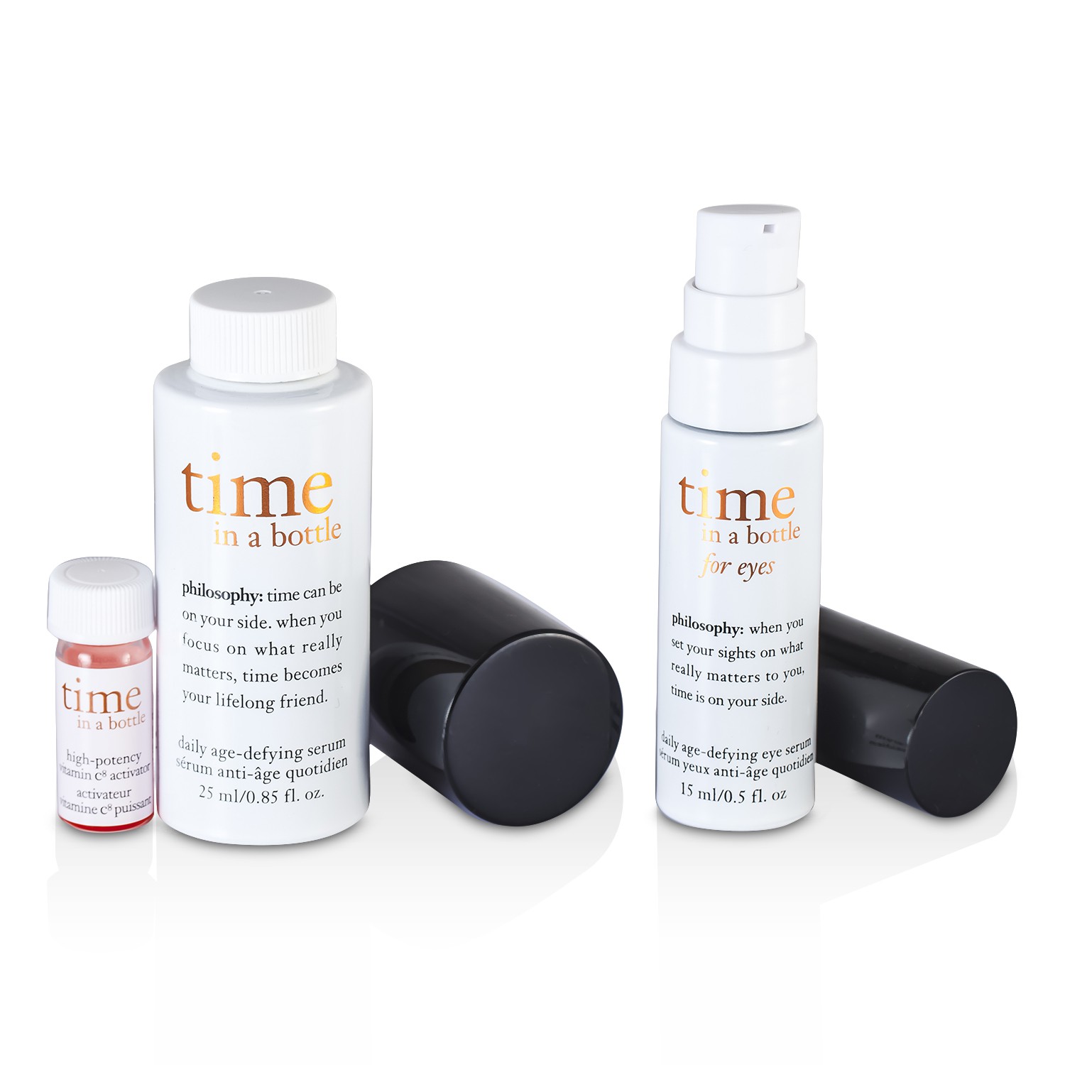 Philosophy Time In A Bottle Age-Defying Perfect Pair: Face Serum 25ml/0.85oz + Activator 2ml/0.067oz + Eye Serum 15ml/0.5oz 3pcs