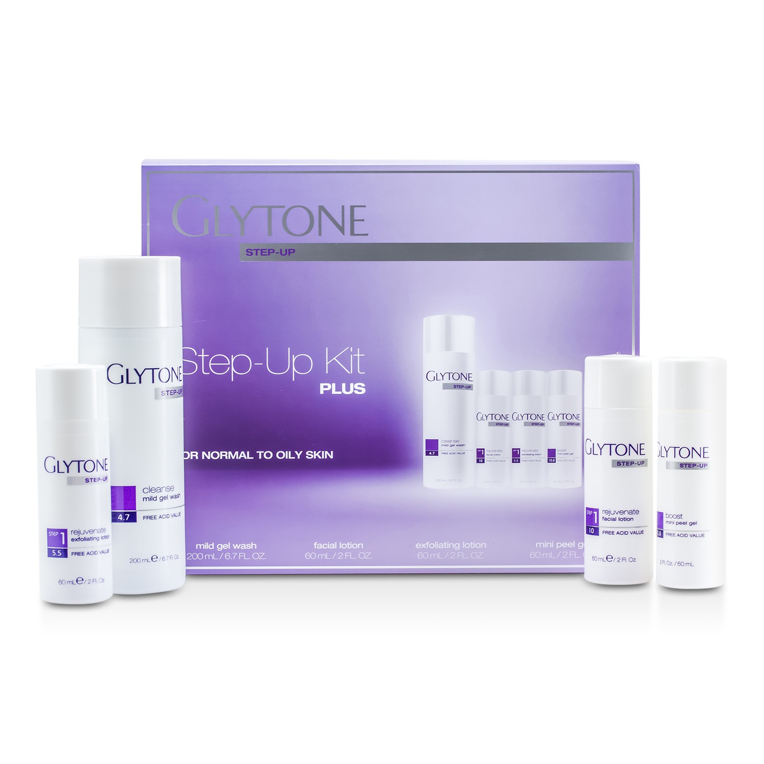 Glytone Step-Up Kit Plus (For Normal to Oily Skin): Gel Wash 200ml + Facial Lotion 60ml + Exfoliating Lotion 60ml + Peel Gel 60ml 4pcs