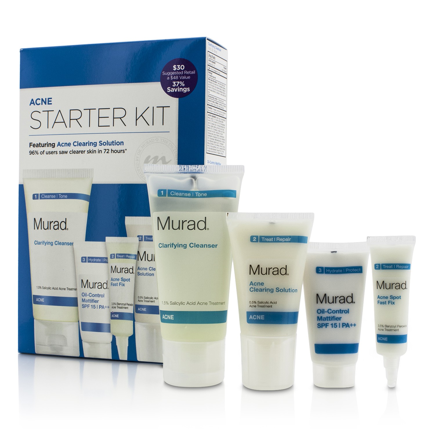 Murad Acne Starter Kit: Cleanser 60ml + Clearing Solution 23ml + Oil Control SPF 15 18ml + Acne Fix 7.5ml 4pcs