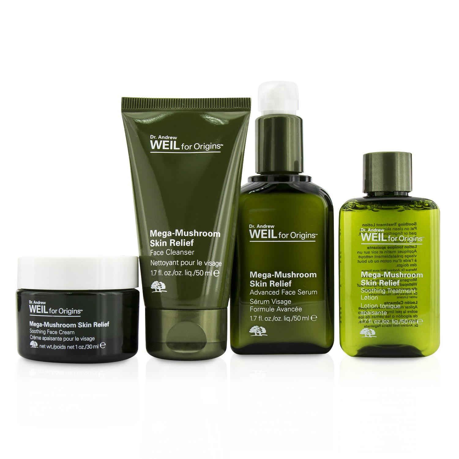 Origins Dr. Andrew Weil For Origins Mega Mushroom Skin Relief Set: Cleanser 50ml + Lotion 50ml + Serum 50ml + Cream 30ml + Bag 4pcs + 1bag